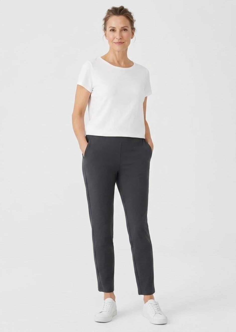 Eileen Fisher Stretch Knit Slim Cropped Ankle Pants Pull On Gray M Minimalist